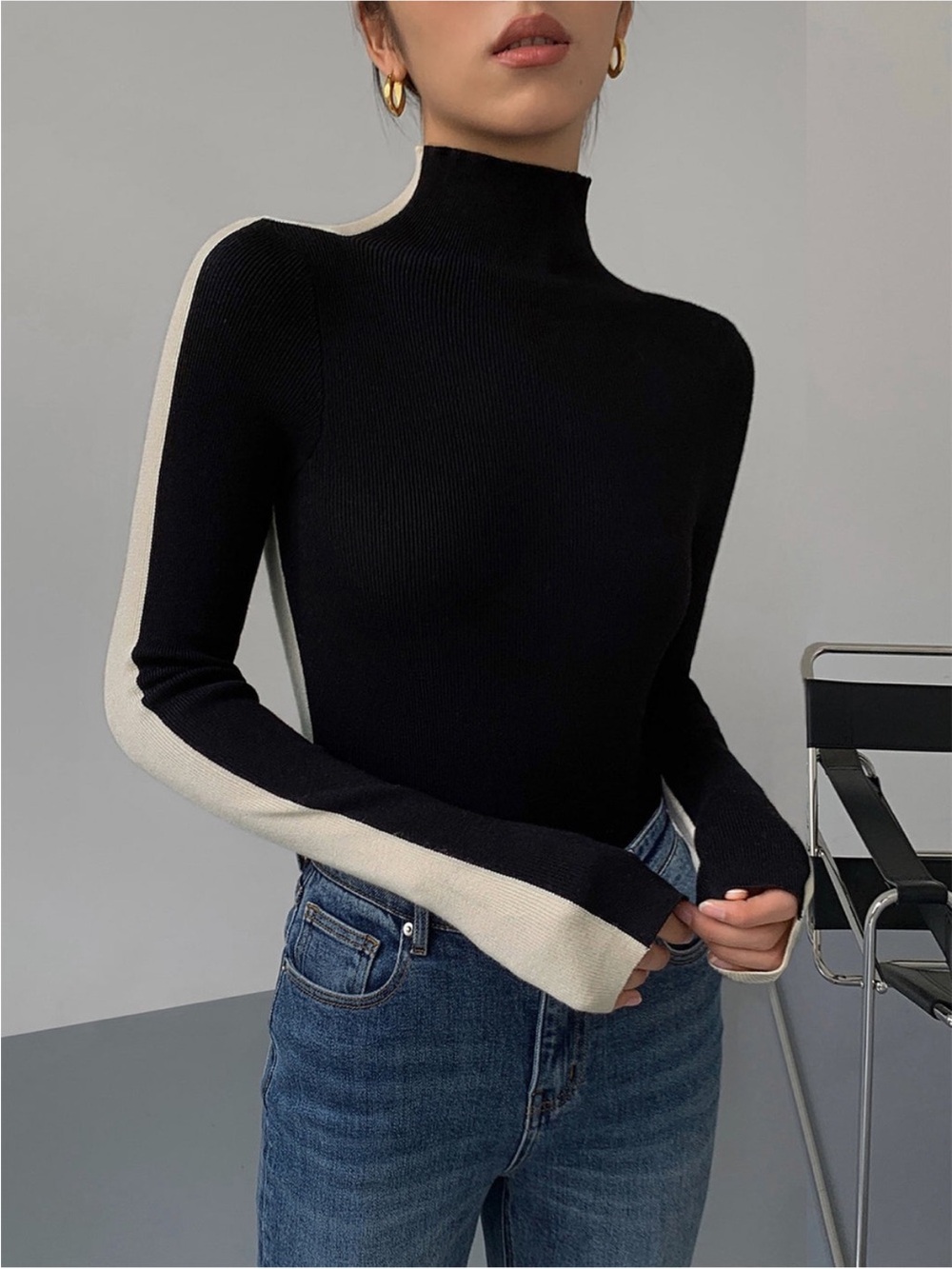 Commense Black Turtleneck Sweater with Two toned Cream Side
